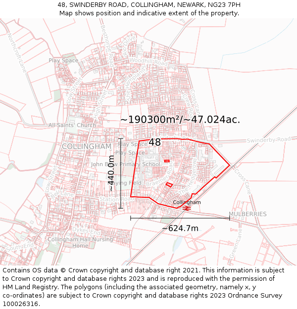 48, SWINDERBY ROAD, COLLINGHAM, NEWARK, NG23 7PH: Plot and title map