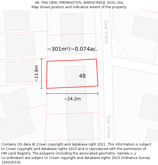 48, TAW VIEW, FREMINGTON, BARNSTAPLE, EX31 2NL: Plot and title map