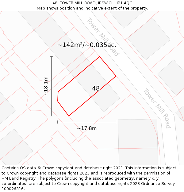 48, TOWER MILL ROAD, IPSWICH, IP1 4QG: Plot and title map