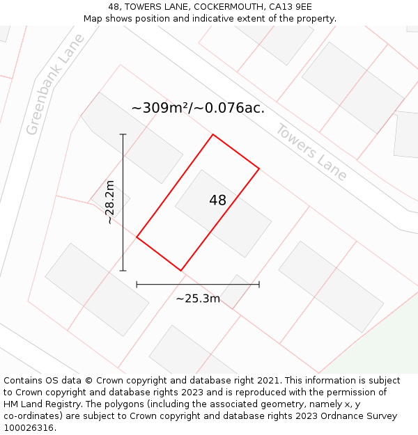 48, TOWERS LANE, COCKERMOUTH, CA13 9EE: Plot and title map