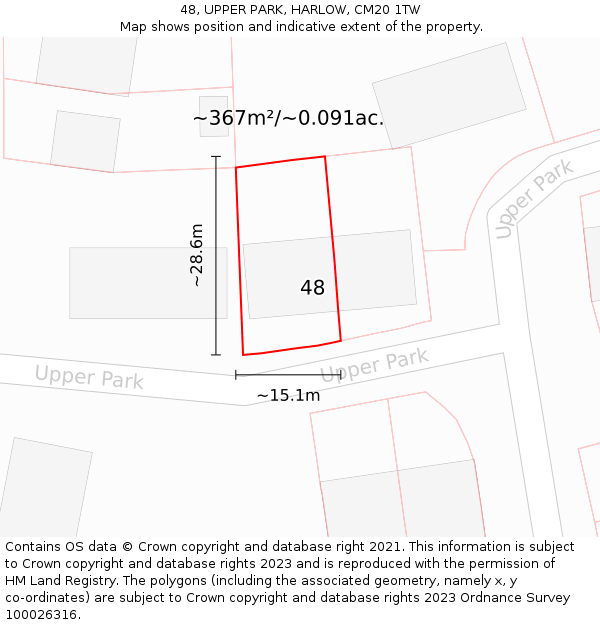 48, UPPER PARK, HARLOW, CM20 1TW: Plot and title map