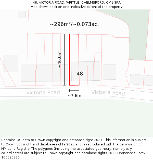 48, VICTORIA ROAD, WRITTLE, CHELMSFORD, CM1 3PA: Plot and title map