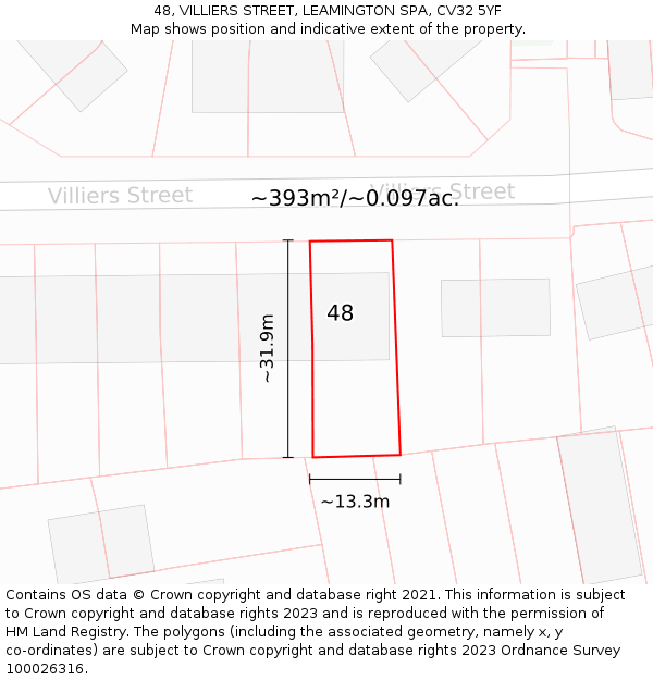 48, VILLIERS STREET, LEAMINGTON SPA, CV32 5YF: Plot and title map