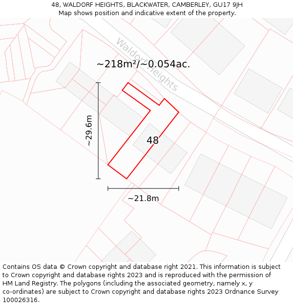 48, WALDORF HEIGHTS, BLACKWATER, CAMBERLEY, GU17 9JH: Plot and title map