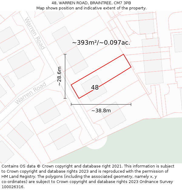 48, WARREN ROAD, BRAINTREE, CM7 3PB: Plot and title map