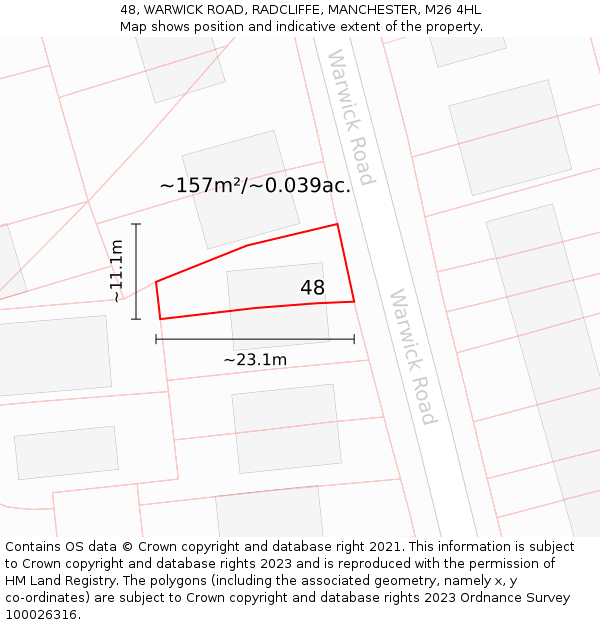 48, WARWICK ROAD, RADCLIFFE, MANCHESTER, M26 4HL: Plot and title map