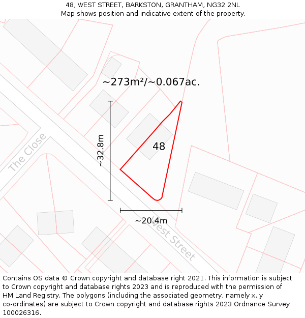 48, WEST STREET, BARKSTON, GRANTHAM, NG32 2NL: Plot and title map