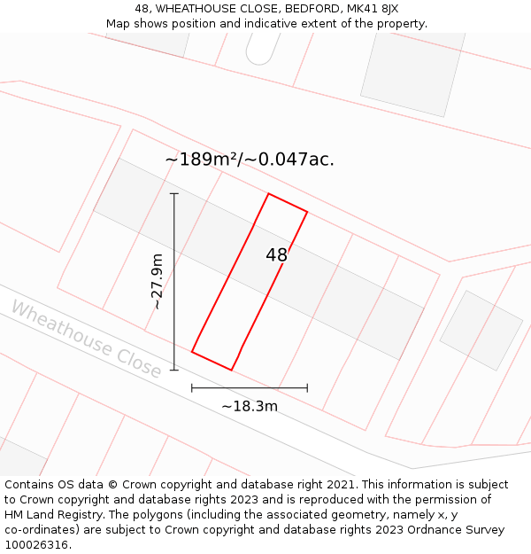 48, WHEATHOUSE CLOSE, BEDFORD, MK41 8JX: Plot and title map