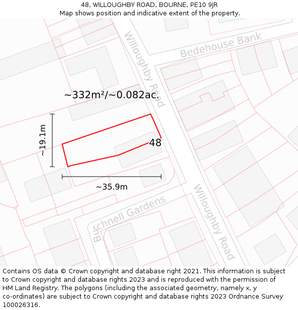 48, WILLOUGHBY ROAD, BOURNE, PE10 9JR: Plot and title map