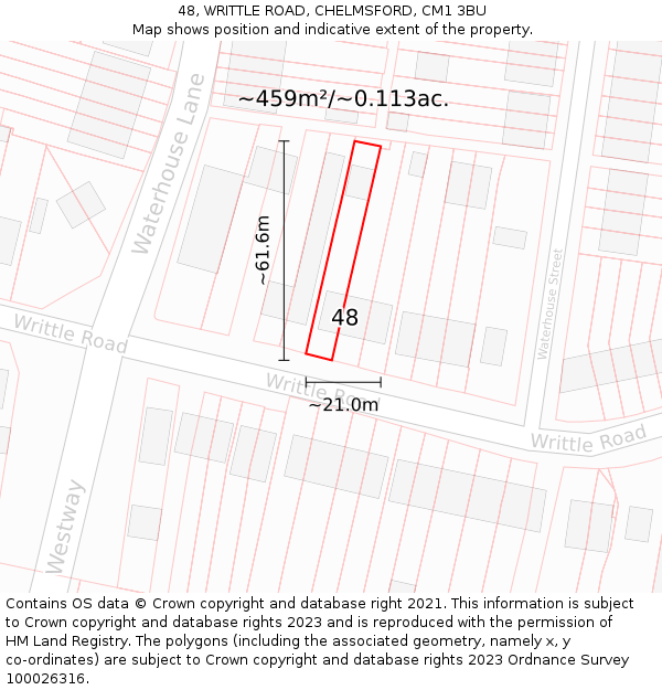 48, WRITTLE ROAD, CHELMSFORD, CM1 3BU: Plot and title map