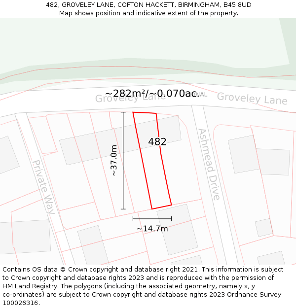 482, GROVELEY LANE, COFTON HACKETT, BIRMINGHAM, B45 8UD: Plot and title map