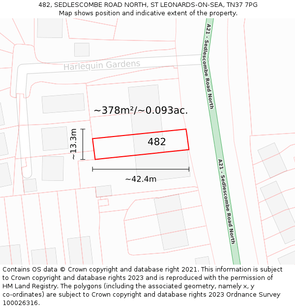 482, SEDLESCOMBE ROAD NORTH, ST LEONARDS-ON-SEA, TN37 7PG: Plot and title map