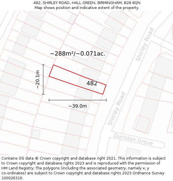 482, SHIRLEY ROAD, HALL GREEN, BIRMINGHAM, B28 8QN: Plot and title map