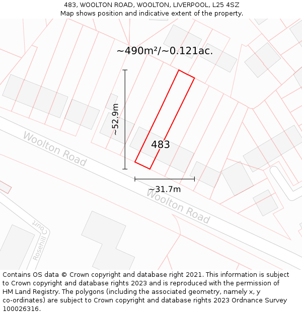 483, WOOLTON ROAD, WOOLTON, LIVERPOOL, L25 4SZ: Plot and title map