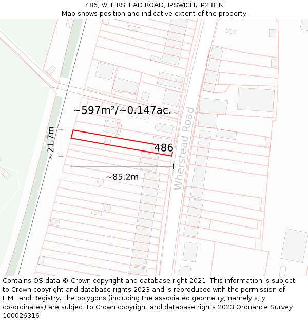 486, WHERSTEAD ROAD, IPSWICH, IP2 8LN: Plot and title map