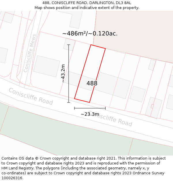 488, CONISCLIFFE ROAD, DARLINGTON, DL3 8AL: Plot and title map