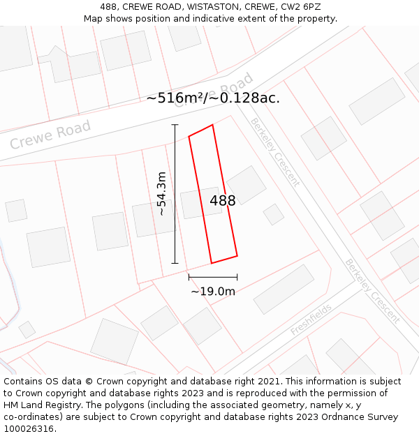 488, CREWE ROAD, WISTASTON, CREWE, CW2 6PZ: Plot and title map