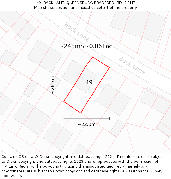 49, BACK LANE, QUEENSBURY, BRADFORD, BD13 1HB: Plot and title map