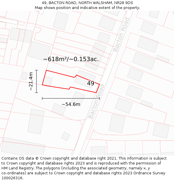 49, BACTON ROAD, NORTH WALSHAM, NR28 9DS: Plot and title map