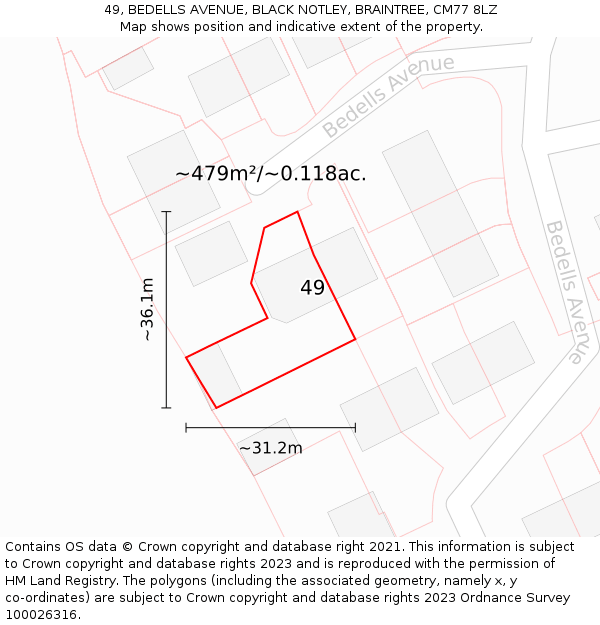 49, BEDELLS AVENUE, BLACK NOTLEY, BRAINTREE, CM77 8LZ: Plot and title map