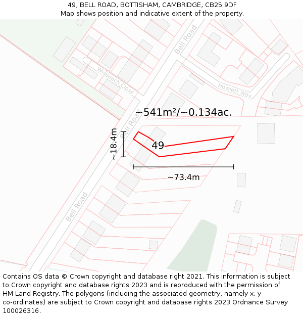 49, BELL ROAD, BOTTISHAM, CAMBRIDGE, CB25 9DF: Plot and title map