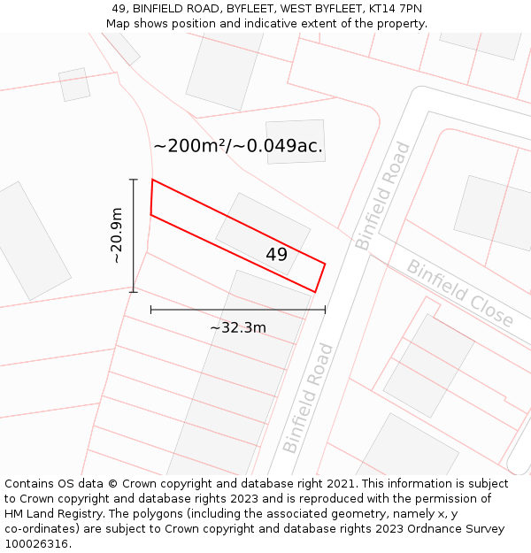 49, BINFIELD ROAD, BYFLEET, WEST BYFLEET, KT14 7PN: Plot and title map