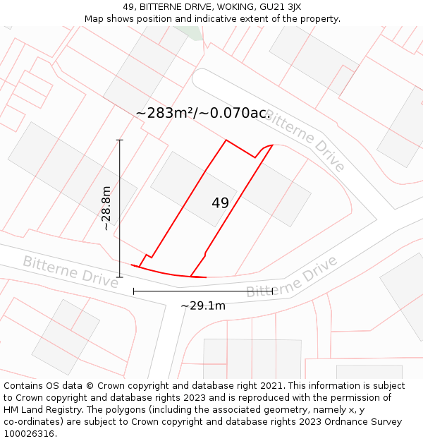 49, BITTERNE DRIVE, WOKING, GU21 3JX: Plot and title map