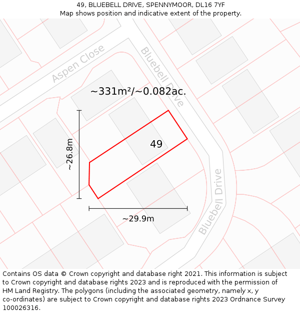 49, BLUEBELL DRIVE, SPENNYMOOR, DL16 7YF: Plot and title map
