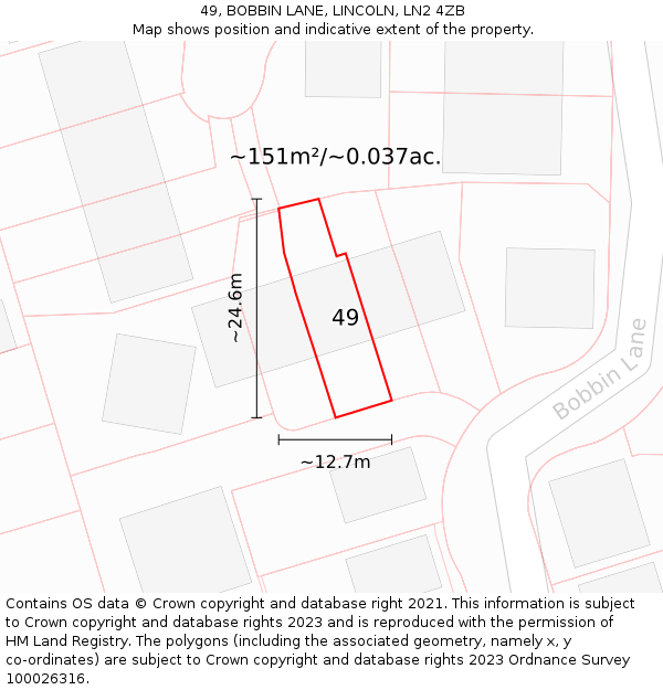 49, BOBBIN LANE, LINCOLN, LN2 4ZB: Plot and title map