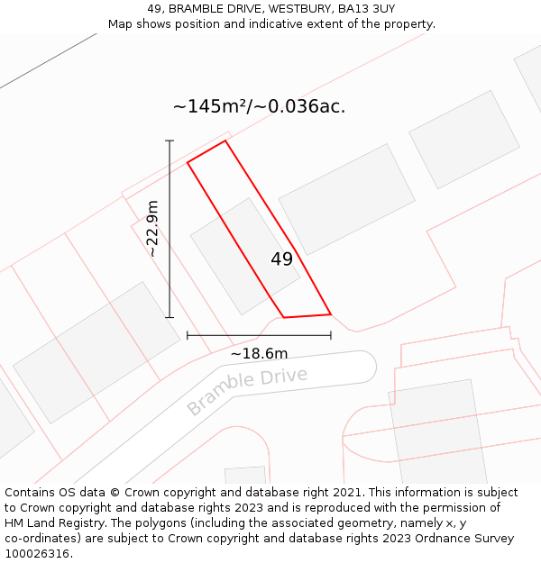 49, BRAMBLE DRIVE, WESTBURY, BA13 3UY: Plot and title map