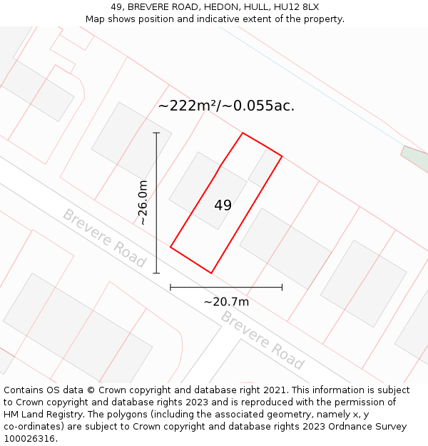 49, BREVERE ROAD, HEDON, HULL, HU12 8LX: Plot and title map