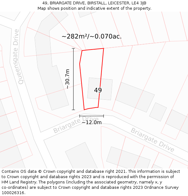 49, BRIARGATE DRIVE, BIRSTALL, LEICESTER, LE4 3JB: Plot and title map