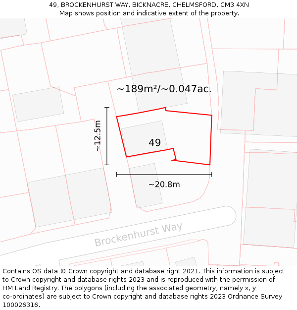 49, BROCKENHURST WAY, BICKNACRE, CHELMSFORD, CM3 4XN: Plot and title map