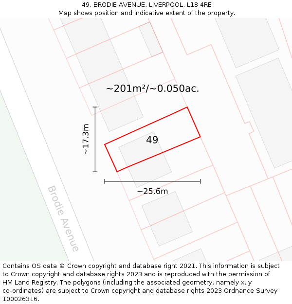 49, BRODIE AVENUE, LIVERPOOL, L18 4RE: Plot and title map