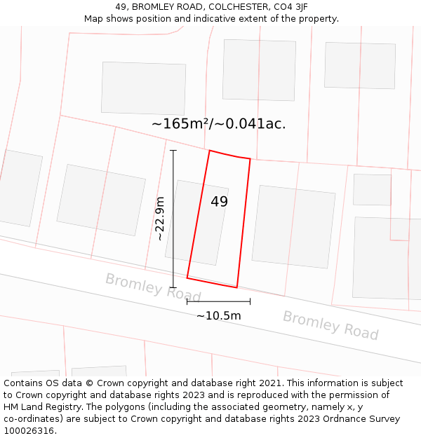 49, BROMLEY ROAD, COLCHESTER, CO4 3JF: Plot and title map