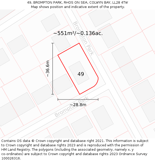 49, BROMPTON PARK, RHOS ON SEA, COLWYN BAY, LL28 4TW: Plot and title map