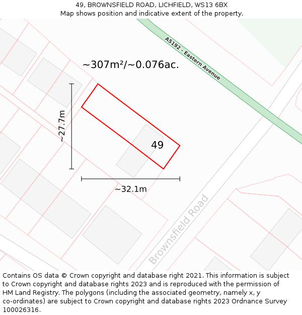 49, BROWNSFIELD ROAD, LICHFIELD, WS13 6BX: Plot and title map