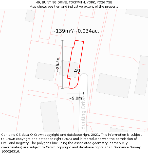 49, BUNTING DRIVE, TOCKWITH, YORK, YO26 7SB: Plot and title map