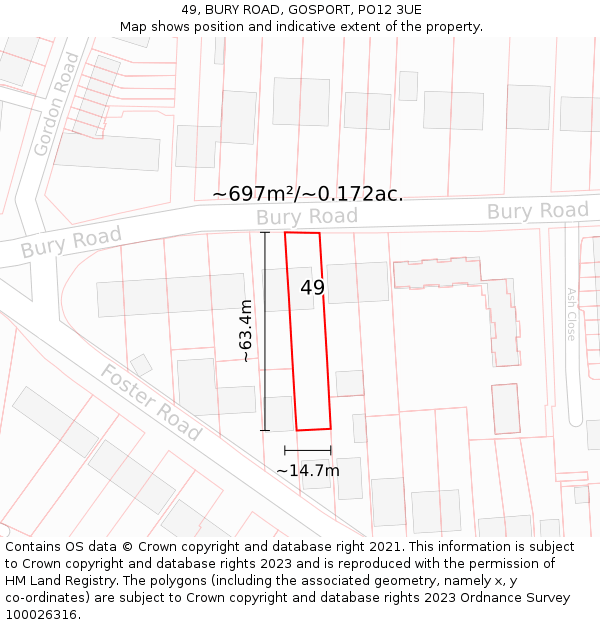 49, BURY ROAD, GOSPORT, PO12 3UE: Plot and title map