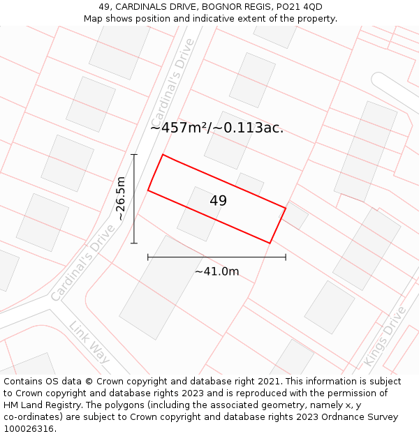 49, CARDINALS DRIVE, BOGNOR REGIS, PO21 4QD: Plot and title map