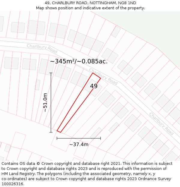 49, CHARLBURY ROAD, NOTTINGHAM, NG8 1ND: Plot and title map