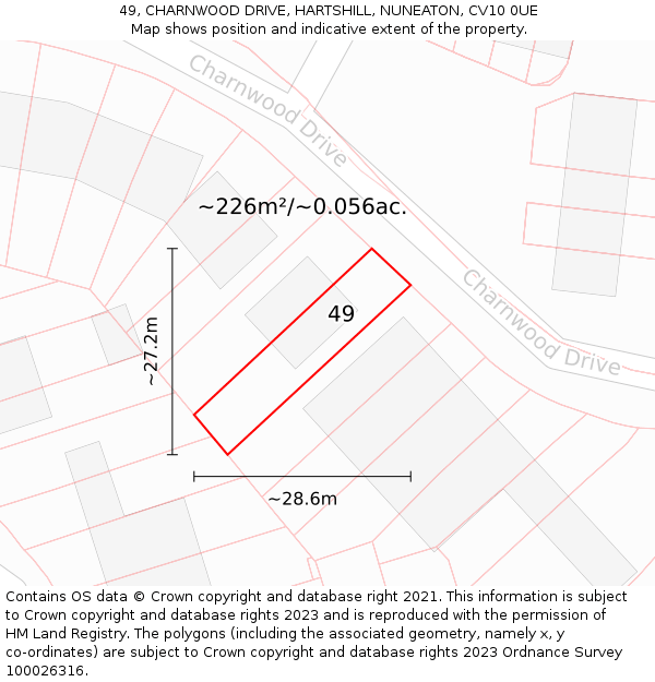 49, CHARNWOOD DRIVE, HARTSHILL, NUNEATON, CV10 0UE: Plot and title map