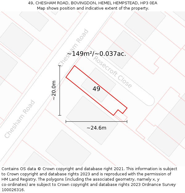 49, CHESHAM ROAD, BOVINGDON, HEMEL HEMPSTEAD, HP3 0EA: Plot and title map