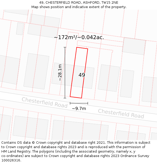 49, CHESTERFIELD ROAD, ASHFORD, TW15 2NE: Plot and title map