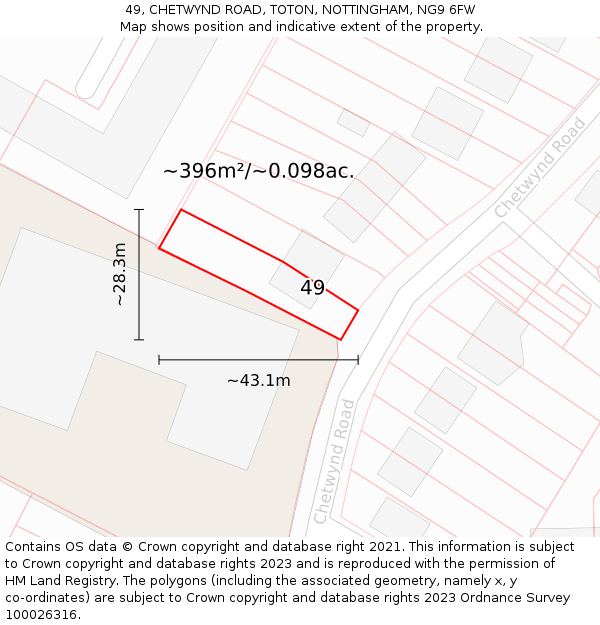 49, CHETWYND ROAD, TOTON, NOTTINGHAM, NG9 6FW: Plot and title map