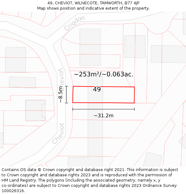 49, CHEVIOT, WILNECOTE, TAMWORTH, B77 4JP: Plot and title map