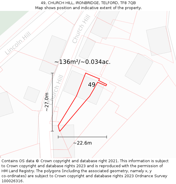 49, CHURCH HILL, IRONBRIDGE, TELFORD, TF8 7QB: Plot and title map