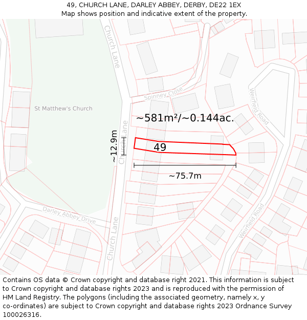 49, CHURCH LANE, DARLEY ABBEY, DERBY, DE22 1EX: Plot and title map