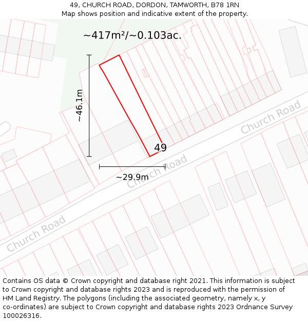 49, CHURCH ROAD, DORDON, TAMWORTH, B78 1RN: Plot and title map