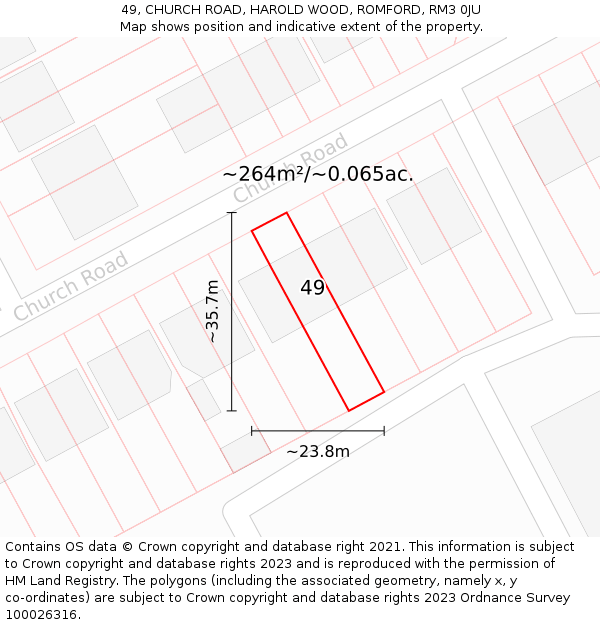 49, CHURCH ROAD, HAROLD WOOD, ROMFORD, RM3 0JU: Plot and title map